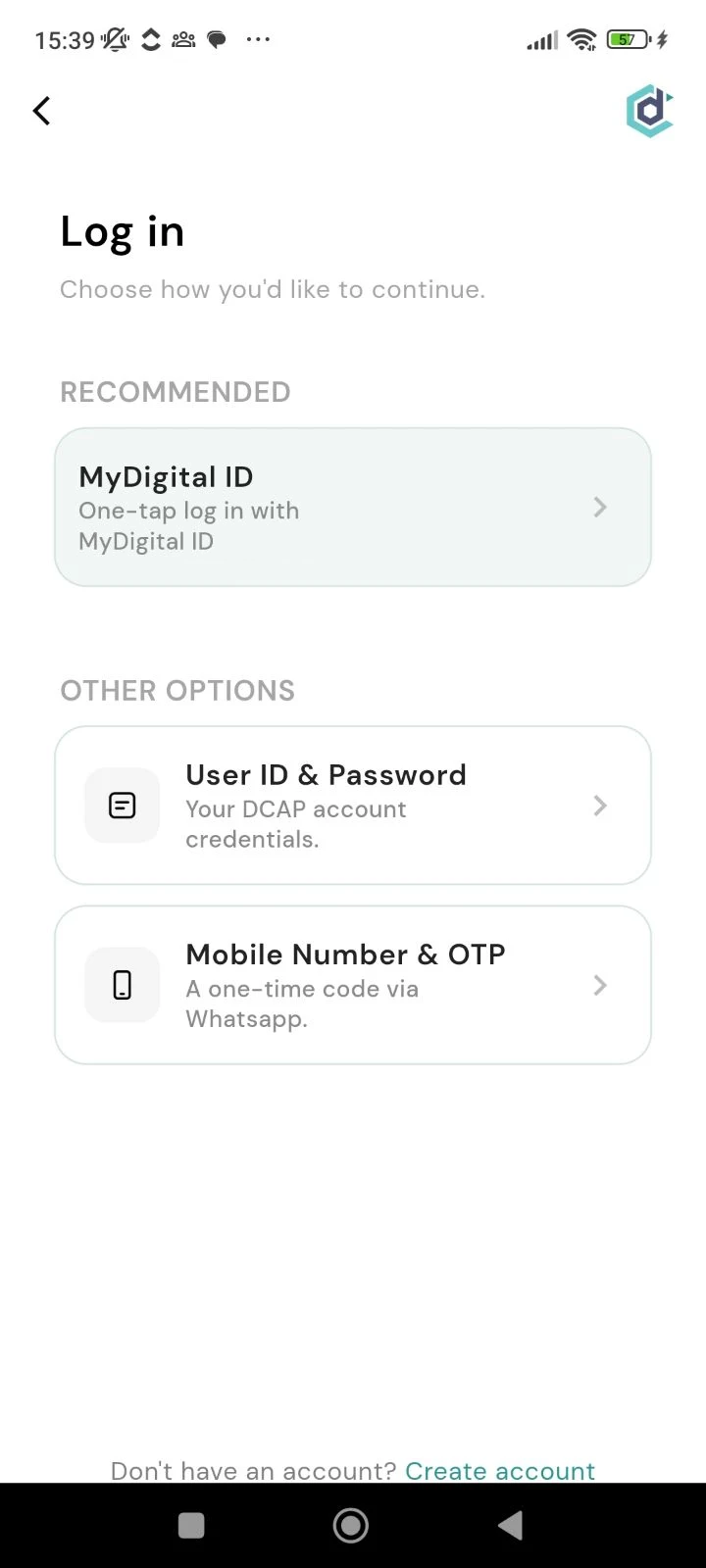 DCAP app — Login Screen